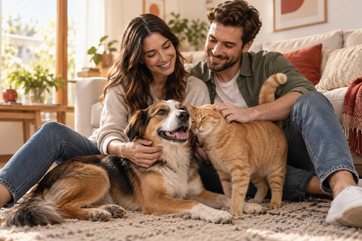 Una familia compartiendo con su perro y su gato