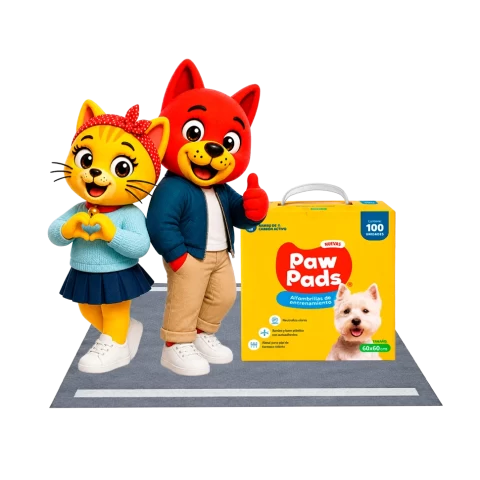 Red y Yellow junto a una caja de 100 sabanillas Paw Pads