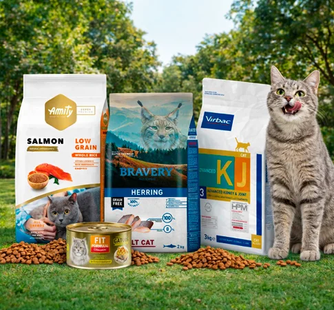 Gato feliz con Alimento Premium
