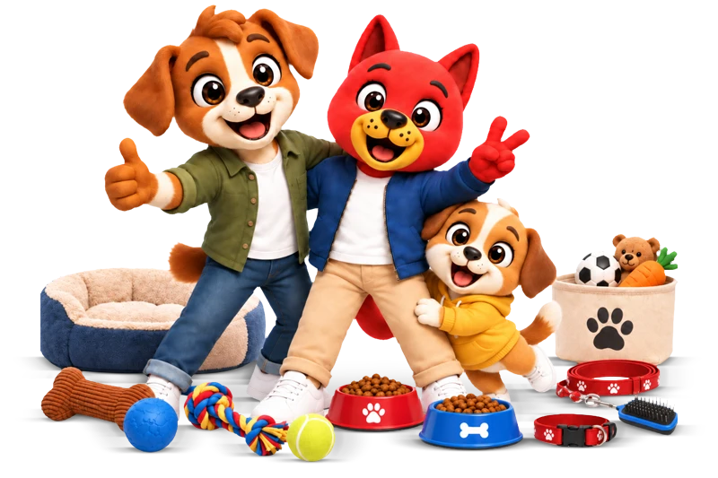 Perro junto a alimentos, snacks y accesorios