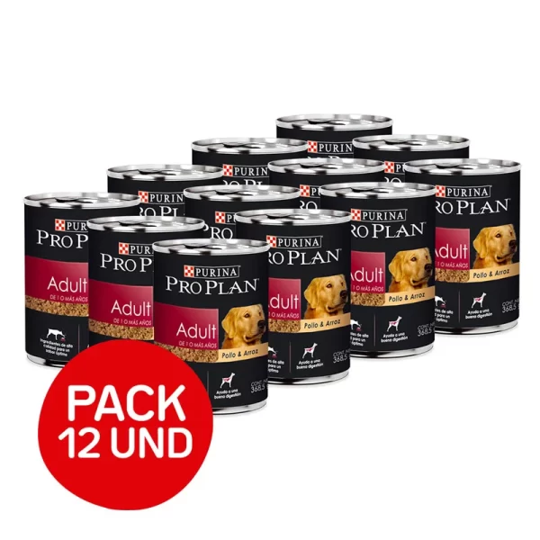 Pack Pro plan adult dog chicken lata 368.5 gr 12 und