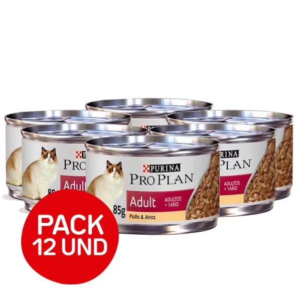 Pack pro plan cat adult pollo y arroz + 1 año 85 gr 12 und