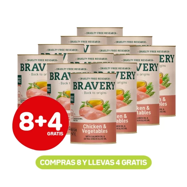 Pack 8+4 Latas Bravery chicken and vegetables dog 290 gr