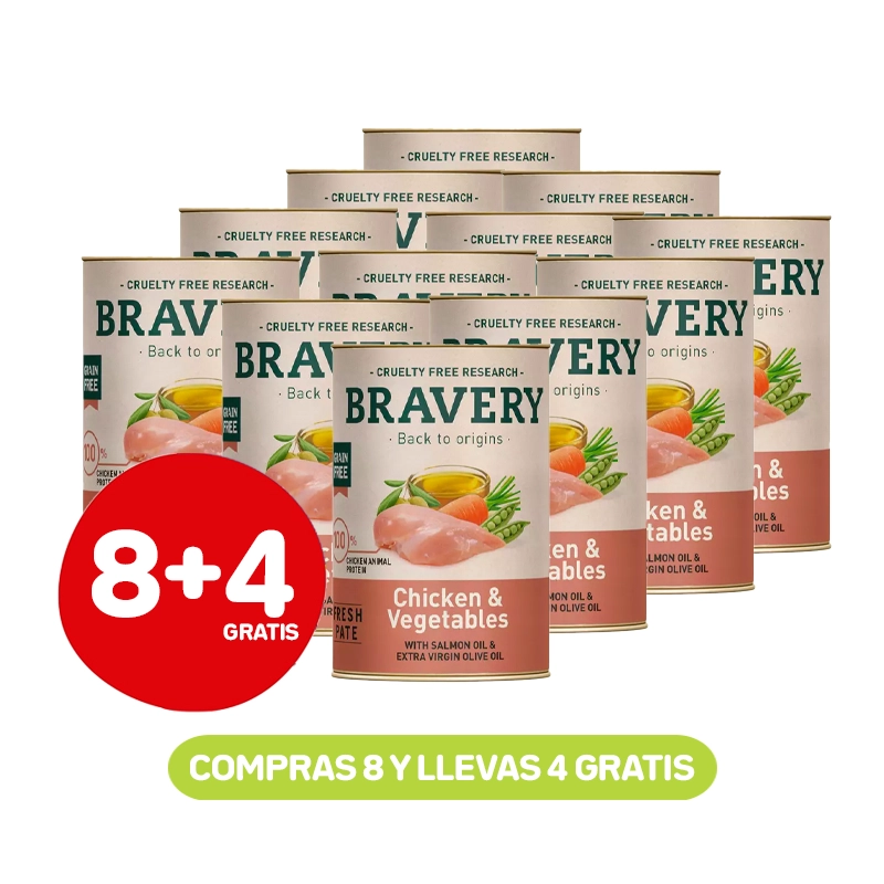 Pack 8+4 Latas Bravery chicken and vegetables dog 290 gr Pack 8+4 Latas Bravery chicken and vegetables dog 290 gr