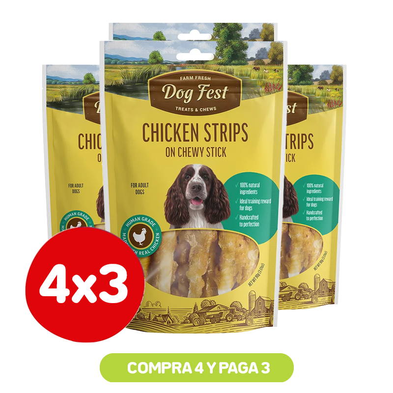 Pack 4x3 Dog Fest Snack Tiras de Pollo en Barra 90 Gr Pack 4x3 Dog Fest Snack Tiras de Pollo en Barra 90 Gr