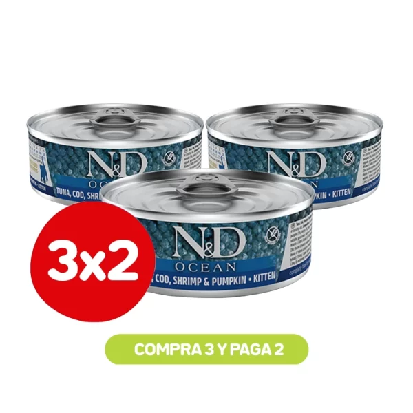Pack 3x2 N&D Lata Gato Kitten Ocean Atun Bacalao Calabaza Camaron 80 GR