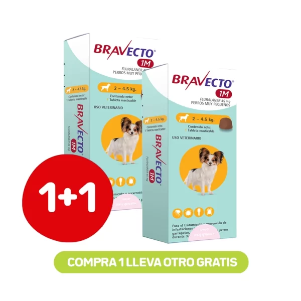 Pack 1+1 Bravecto Perro 1M 100 Mg 4,5 a 10 Kg