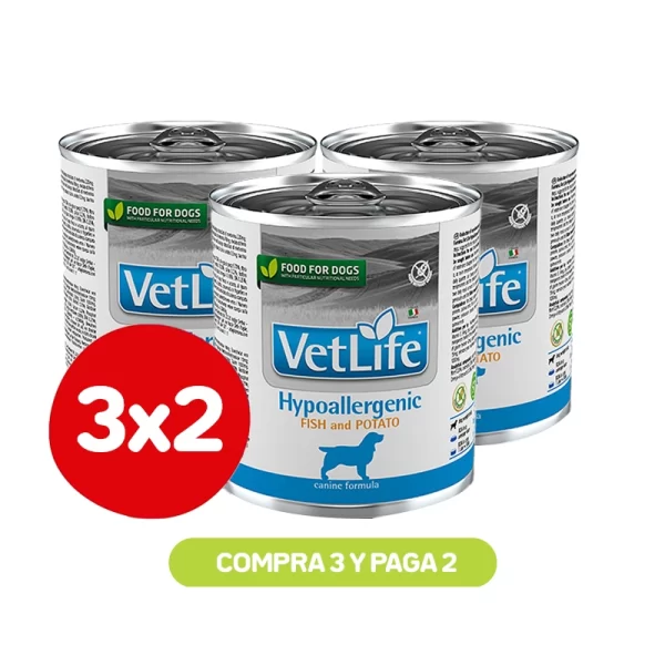 Pack 3x2 Vetlife Hypoallergenic Fish and Potato 300gr