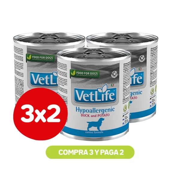 Pack 3x2 Vetlife wf perro hypoallergenic duck and potato 300 grs