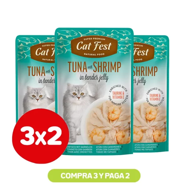 Pack 3X2 Cat Fest Filetes De Atún Con Camarón En Gelatina 70 Gr