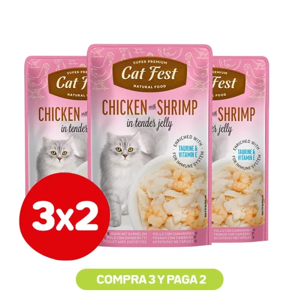 Pack 3X2 Cat Fest Filetes De Pollo Con Camarón En Gelatina 70 Gr