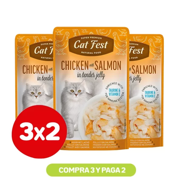 Pack 3X2 Cat Fest Filetes De Pollo Con Salmón En Gelatina 70 Gr