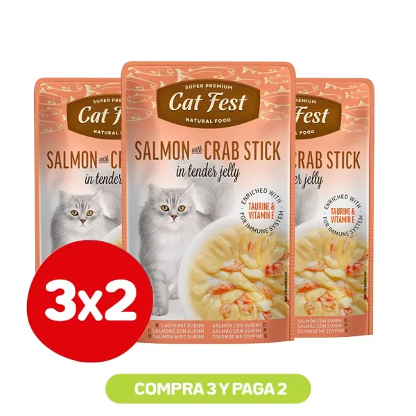 Pack 3X2 Cat Fest Filetes De Salmón Con Palitos De Cangrejo En Gelatina 70 Gr