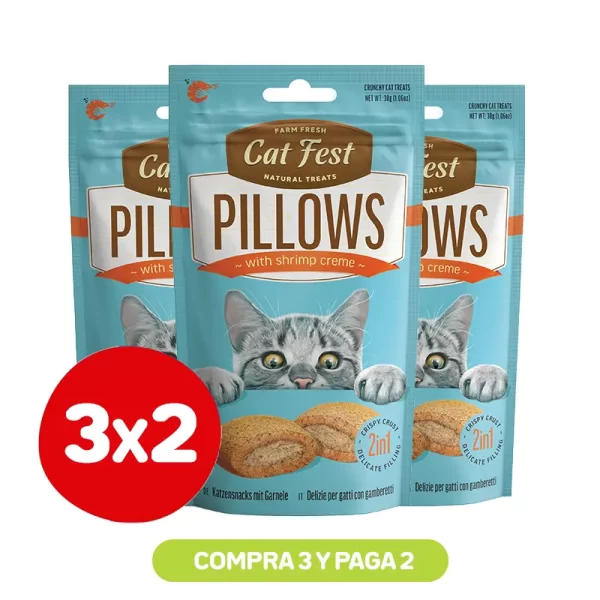 Pack 3X2 Cat Fest Pillows Snack Relleno De Crema De Camarón Para Gatos 30 Gr