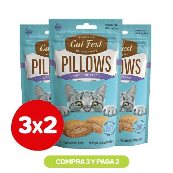 Pack 3X2 Cat Fest Pillows Snack Relleno De Crema De Cangrejo Para Gatos 30 Gr