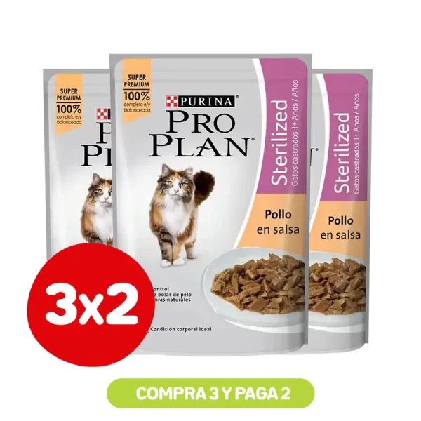 Pack 3X2 Pro Plan Pouch Alimento Húmedo Gato Esterilizados Pollo 85G