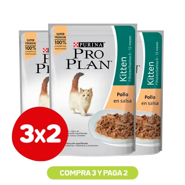 Pack 3X2 Pro Plan Pouch Alimento Húmedo Gato Gatitos Pollo 85G