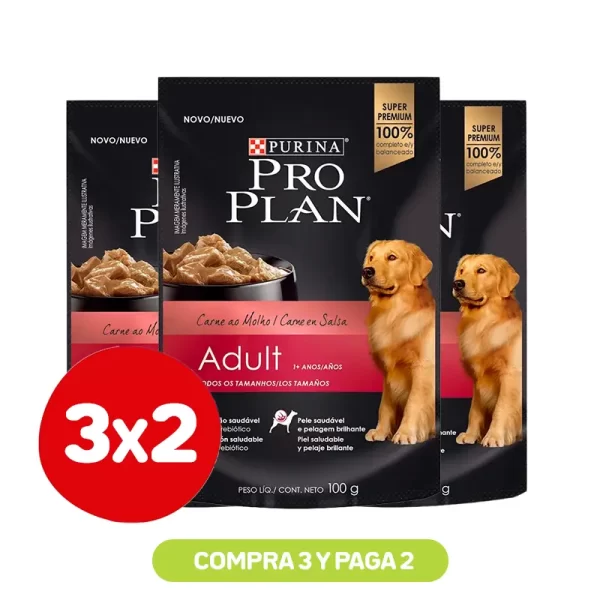 Pack 3X2 Pro Plan Pouch Alimento Húmedo Perro Adulto Carne 100G