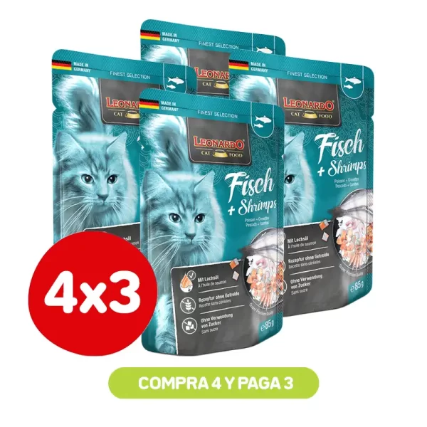 Pack 4X3 Leonardo Pouch Pescado Y Camarones 85 Gr
