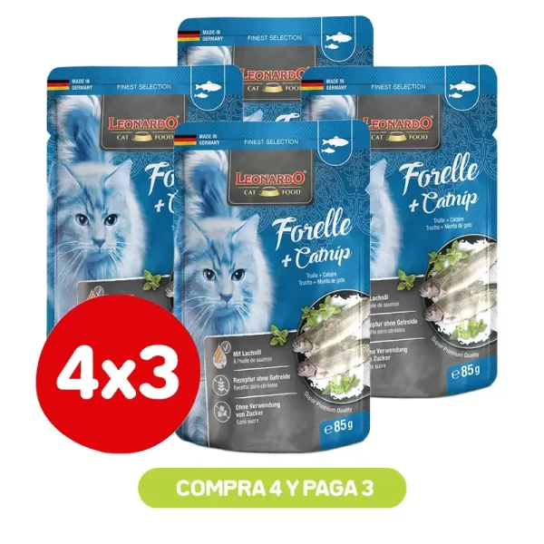 Pack 4X3 Leonardo Pouch Trucha Y Catnip 85 Gr