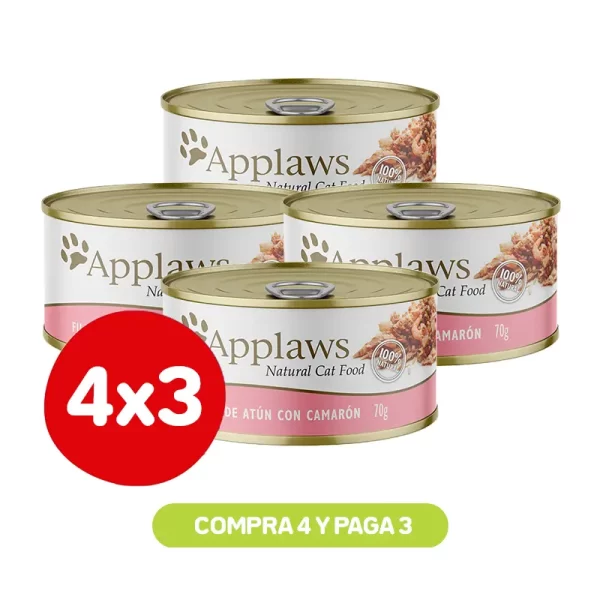 Pack 4X3 Applaws Lata Gato Filete de Atún Camarón con Caldito 70 Gr