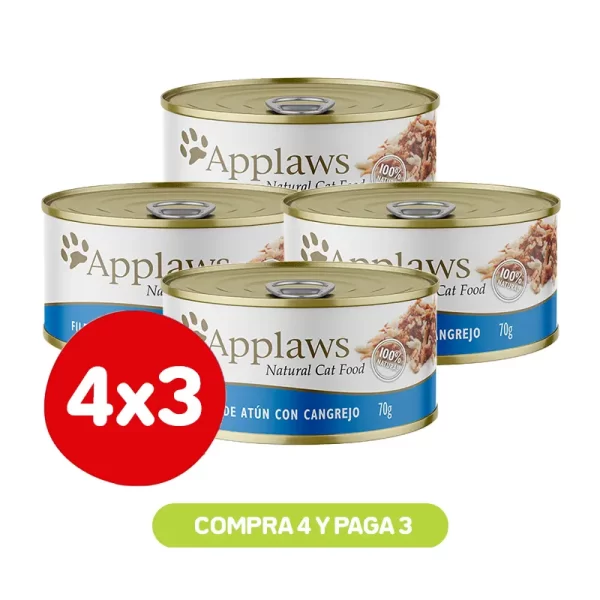 Packs 4x3 APPLAWS GATO FILETE DE ATUN-CANGREJO CON CALDITO, 70 GR