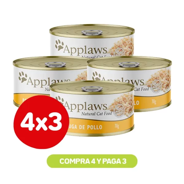 Pack 4X3 Applaws Lata Gato Pechuga de Pollo con Caldito 70 Gr