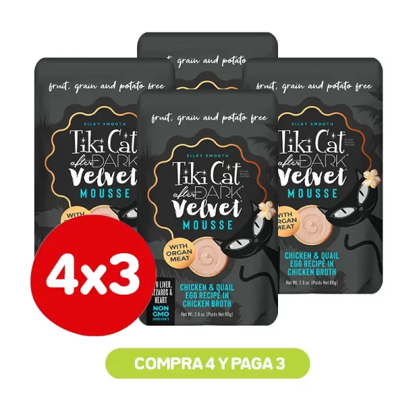 Pack 4X3 Tiki Cat After Dark Velvet Mousse Chicken y Quail Egg 80 Gr