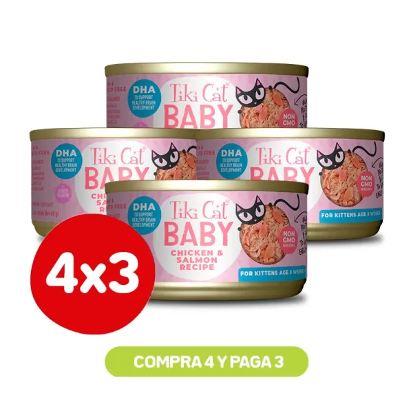 Pack 4X3 Tiki Cat Baby Whole Foods Chicken y Salmon Wet Food 70 Gr