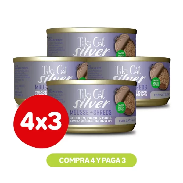 Pack 4X3 Tiki Cat Silver Chicken Duck y Duck Liver Wet Food 70 Gr