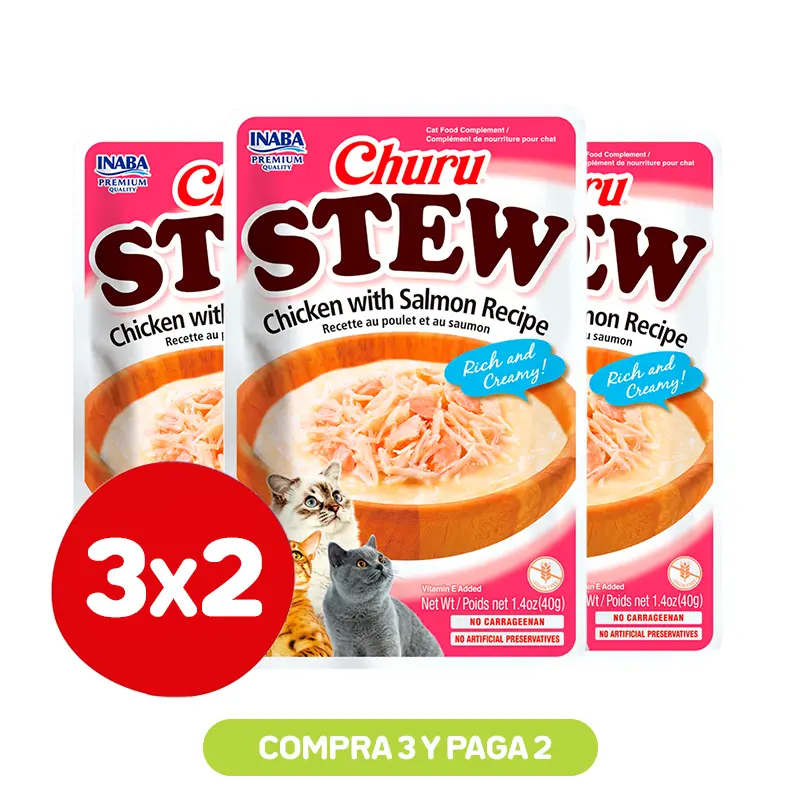 PACK 3X2 CHURU STEW CHICKEN WITH SALMON 40 GR Pack 3X2 Churu Stew Chicken With Salmon 40 Gr