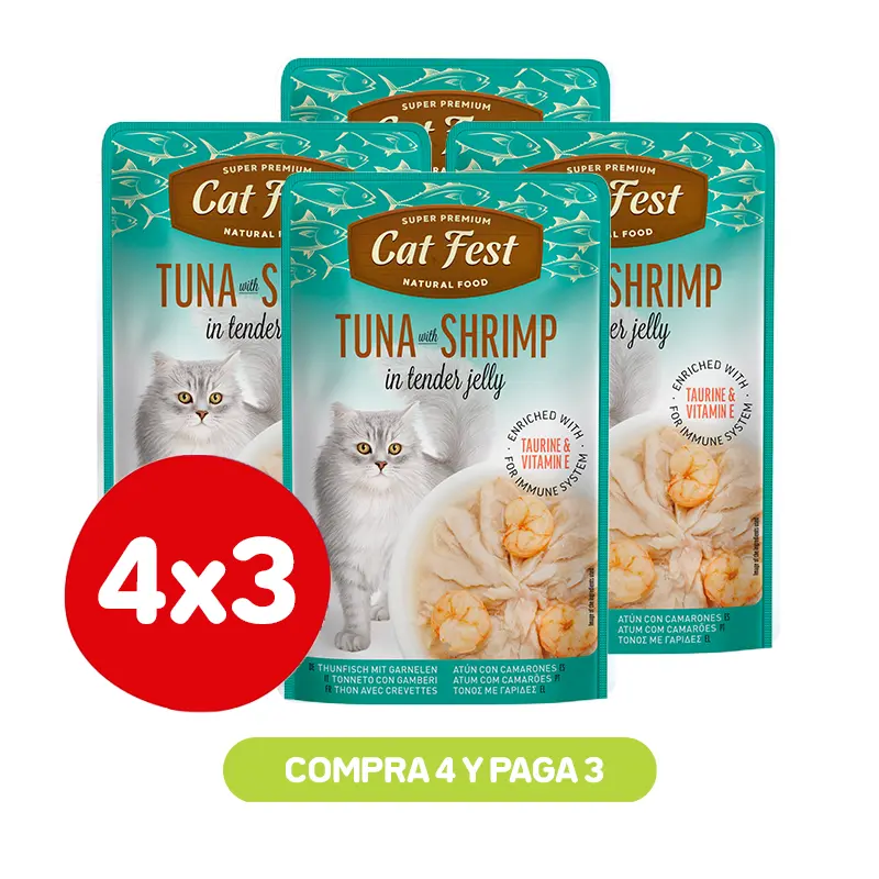 PACK 4X3 CAT FEST FILETES DE ATÚN CON CAMARÓN EN GELATINA 70 GR Pack 4X3 Cat Fest Filetes De Atún Con Camarón En Gelatina 70 Gr