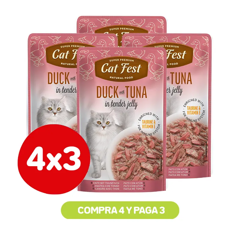 PACK 4X3 CAT FEST FILETES DE PATO CON ATÚN EN GELATINA 70 GR Pack 4X3 Cat Fest Filetes De Pato Con Atún En Gelatina 70 Gr