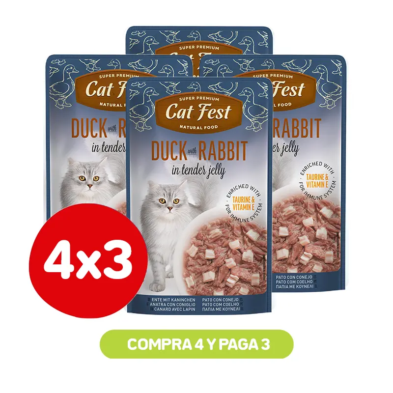 PACK 4X3 CAT FEST FILETES DE PATO CON CONEJO EN GELATINA 70 GR Pack 4X3 Cat Fest Filetes De Pato Con Conejo En Gelatina 70 Gr