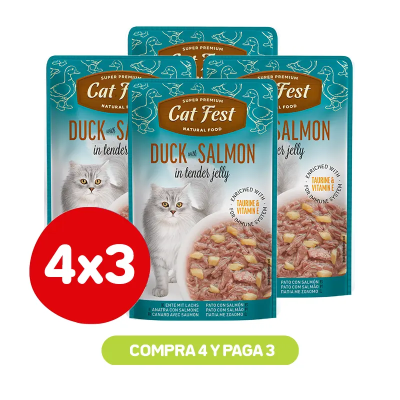 PACK 4X3 CAT FEST FILETES DE PATO CON SALMÓN EN GELATINA 70 GR Pack 4X3 Cat Fest Filetes De Pato Con Salmón En Gelatina 70 Gr