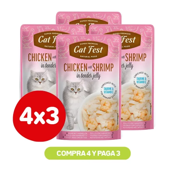 Pack 4X3 Cat Fest Filetes De Pollo Con Camarón En Gelatina 70 Gr