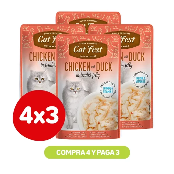 Pack 4X3 Cat Fest Filetes De Pollo Con Pato En Gelatina 70 Gr