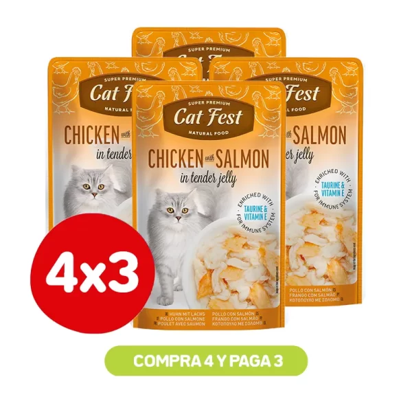Pack 4X3 Cat Fest Filetes De Pollo Con Salmón En Gelatina 70 Gr