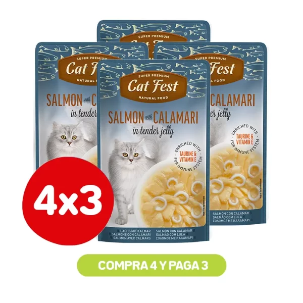 Pack 4X3 Cat Fest Filetes De Salmón Con Calamar En Gelatina 70 Gr