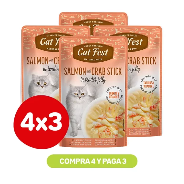Pack 4X3 Cat Fest Filetes De Salmón Con Palitos De Cangrejo En Gelatina 70 Gr