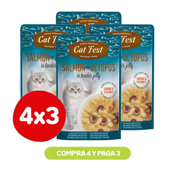 Pack 4X3 Cat Fest Filetes De Salmón Con Pulpo En Gelatina 70 Gr