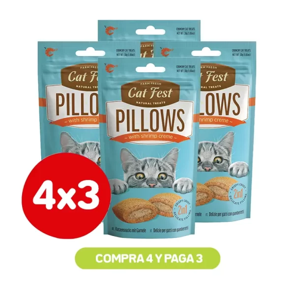Pack 4X3 Cat Fest Pillows Snack Relleno De Crema De Camarón Para Gatos 30 Gr
