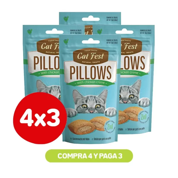 Pack 4X3 Cat Fest Pillows Snack Relleno De Crema De Pollo Para Gatos 30 Gr