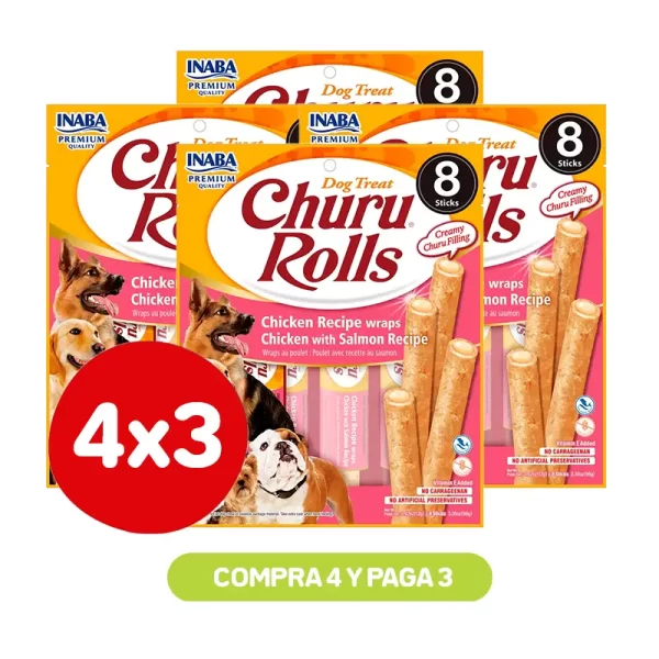 Pack 4X3 Churu Dog Rolls Chicken Wraps Chicken With Salmon 8 P