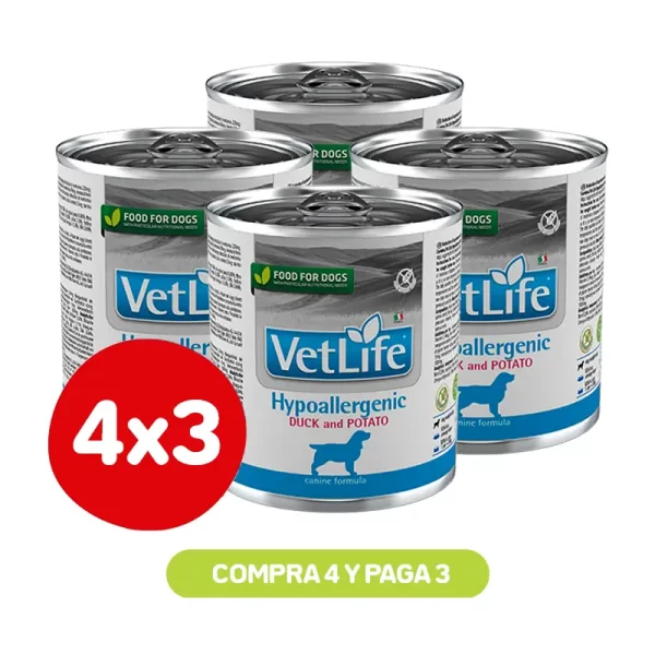 Pack 4X3 Labyes Vetlife Wf Dog Hypoallergenic Duck And Potato 300 Grs