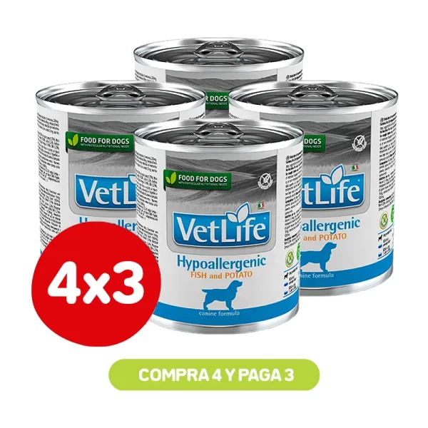 Pack 4X3 Labyes Vetlife Wf Dog Hypoallergenic Fish And Potato 300 Grs
