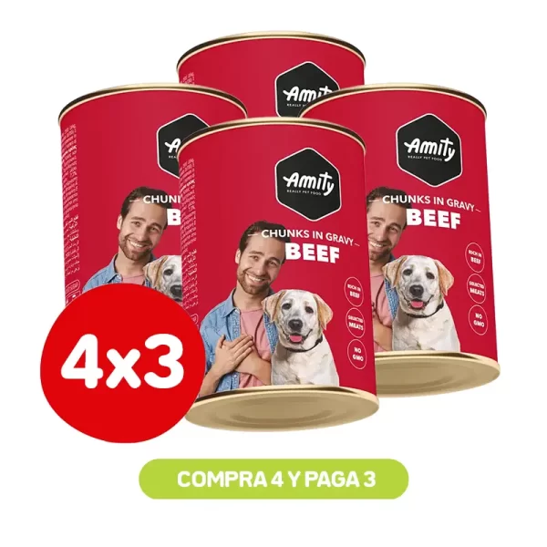 Pack 4X3 Latas Amity Chunks Beef Adult Dog Wet Food 415 Gr