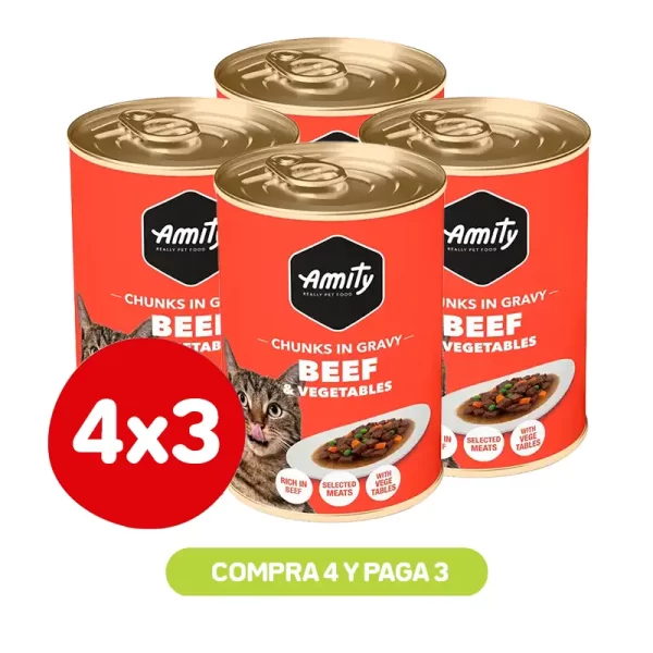 Pack 4X3 Latas Amity Chunks Beef & Vegetable Adult Cat Wet Food 415 Gr