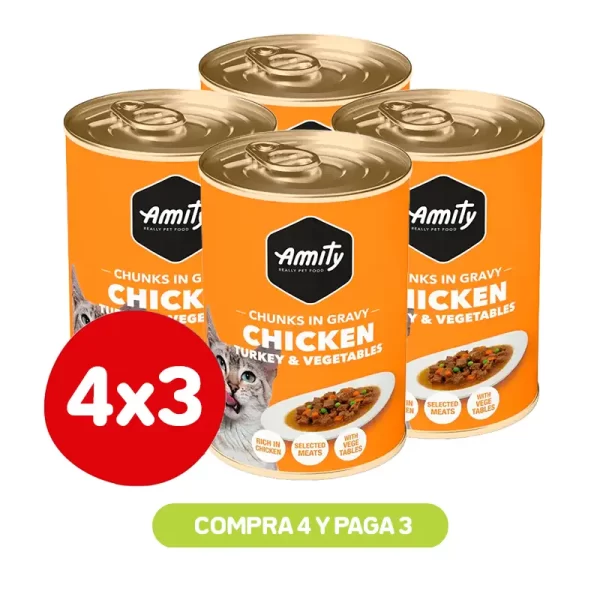 Pack 4X3 Latas Amity Chunks Chicken Turkey & Veg Adult Cat Wet Food 415 Gr