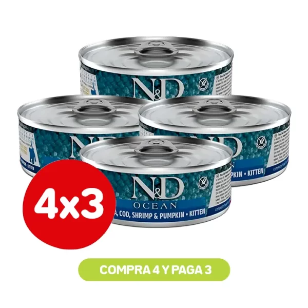 Pack 4X3 N&D Felino Ocean Atun, Bacalao, Calabaza & Camaron Kitten 70 Gr